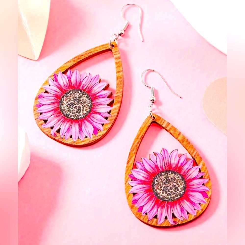 Pink Sunflower Wooden Drop Earrings